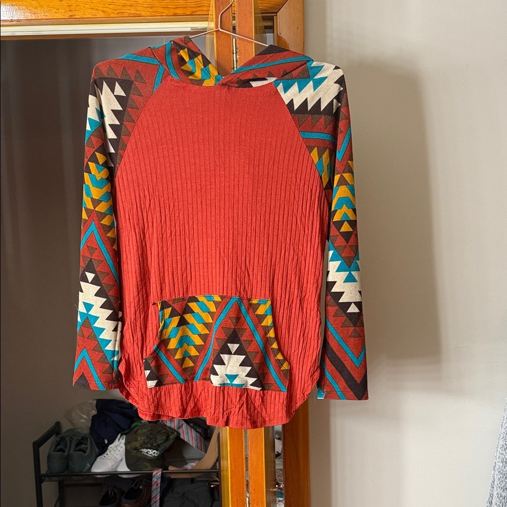 Blush Red and Multicolor Geometric Hoodie